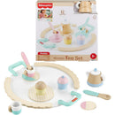 Fisher Price wooden tea set with 12 pieces, including cups, saucers, a teapot, and utensils, ideal for pretend play.
