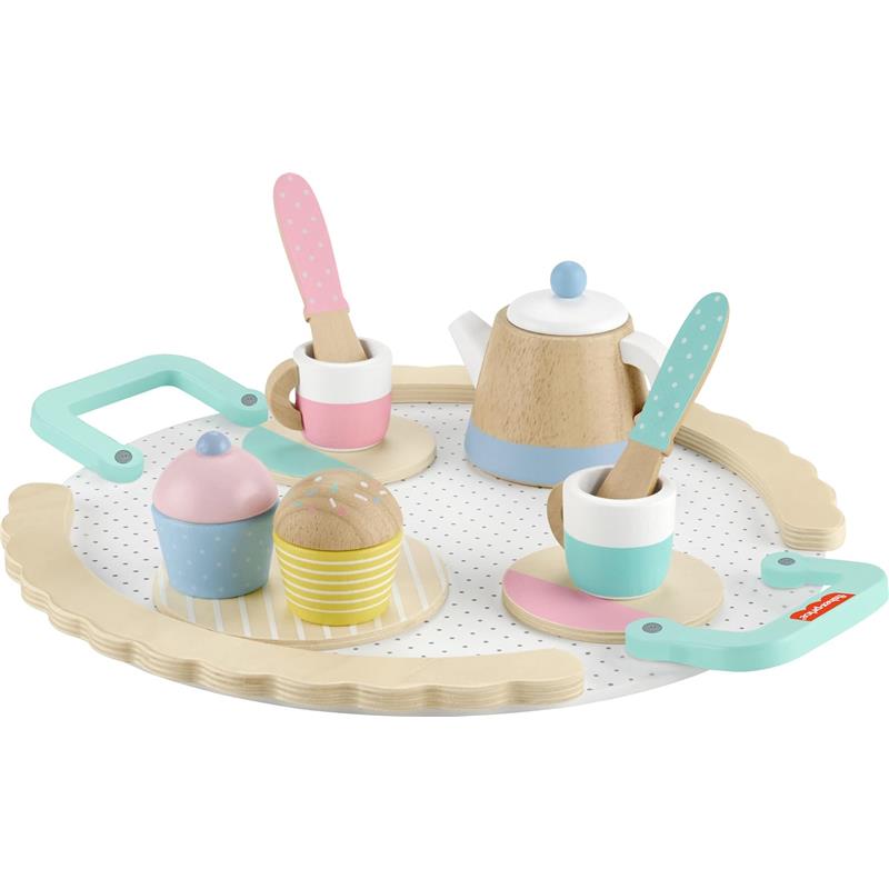 Wooden tea set with four cups, a teapot, and two dessert items on a tray, featuring pastel colors and playful designs.