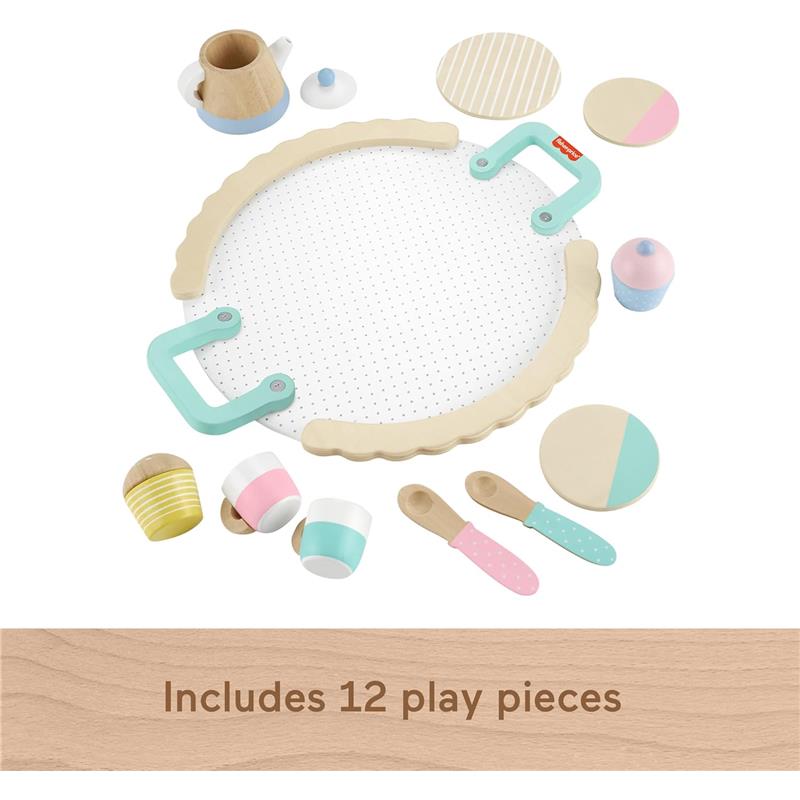 Wooden tea set including cups, a teapot, and utensils, arranged on a tray with pastel colors, includes 12 play pieces.