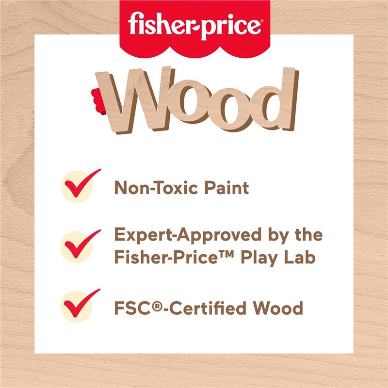 Fisher Price Wood Pretend Play Toy Tea Set details, featuring non-toxic paint, expert approval, and FSC-certified wood.