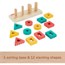 Wooden toddler shape stacker with 1 sorting base and 12 colorful stacking shapes in various geometric designs.