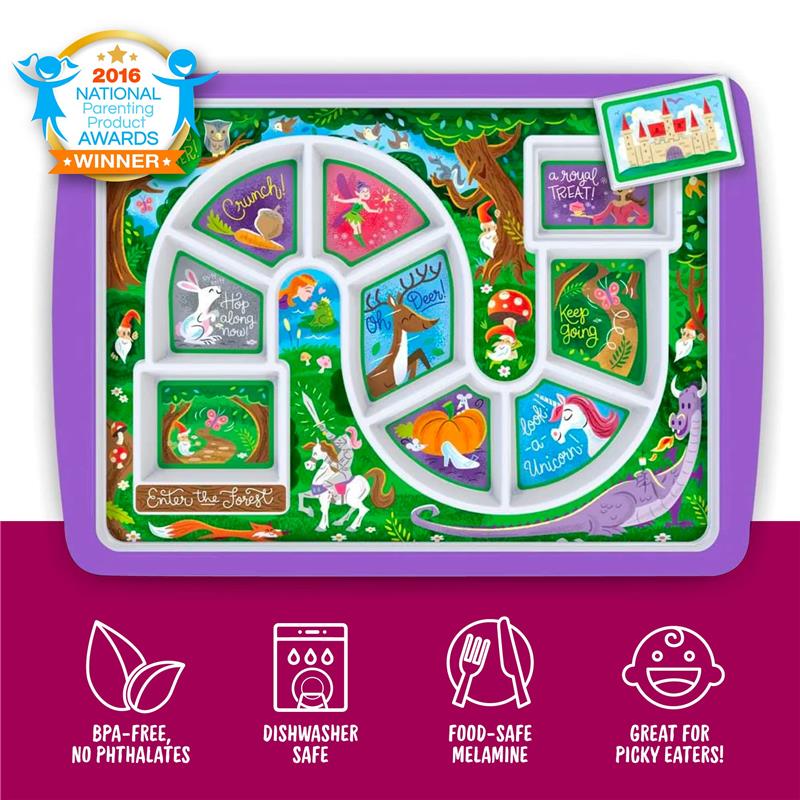 Colorful divided plate featuring whimsical forest-themed illustrations and text, designed for children’s meals.
