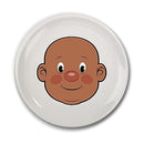 Ceramic dinner plate featuring a cartoon-style smiling face of a child, designed for fun mealtime activities.