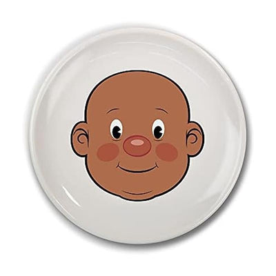 Ceramic dinner plate featuring a cartoon-style smiling face of a child, designed for fun mealtime activities.
