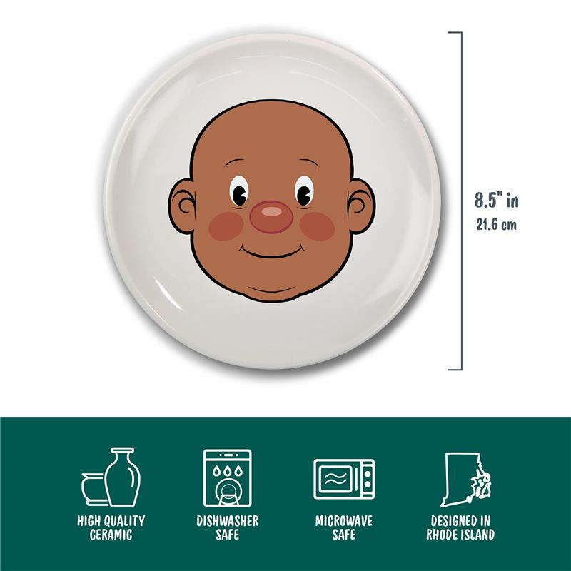 Ceramic dinner plate featuring a smiling cartoon baby face, measuring 8.5 inches, dishwasher and microwave safe.