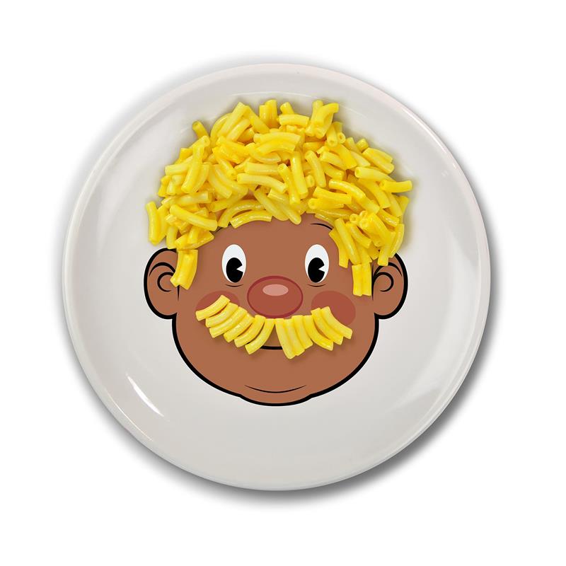 Ceramic dinner plate featuring a cartoon face design, topped with macaroni resembling hair and facial hair.