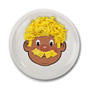 Ceramic dinner plate featuring a cartoon face design, topped with macaroni resembling hair and facial hair.