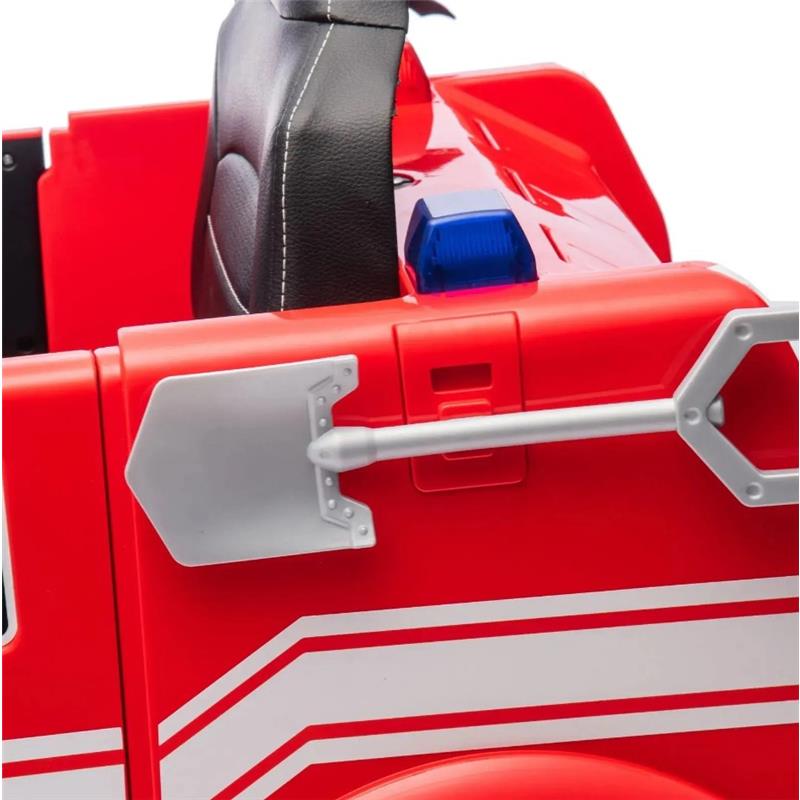 Red one-seater toy fire truck with a black seat, a blue light on top, and a silver shovel attachment.
