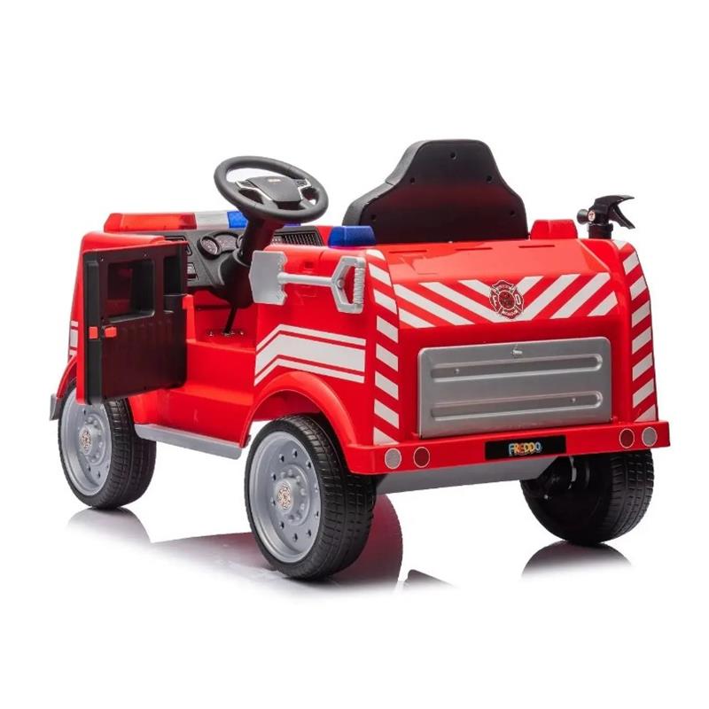 Red one-seater toy fire truck with steering wheel, faux lights, and open door, designed for children’s play.
