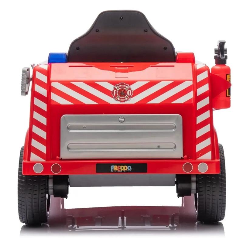 Red ride-on fire truck for one child, featuring a shiny surface, emergency lights, fire extinguisher, and striped graphics.