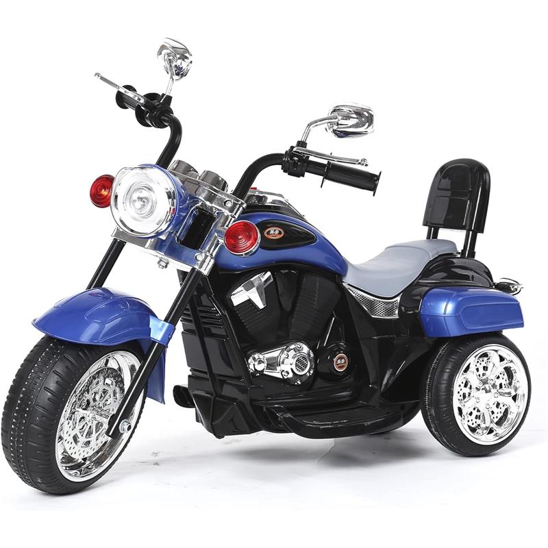 Chopper style ride-on trike in blue with chrome details, wide front wheel, and a comfortable seat for children.