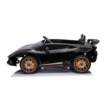 Black Lamborghini Huracan toy with gold wheels and Italian flag details, designed for children.