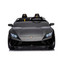Black Lamborghini Huracan toy car with sleek design, detailed headlights, and two seats visible from the front view.