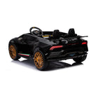 Battery-powered ride-on toy car designed as a black Lamborghini Huracan, featuring gold wheels and sports seats.