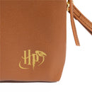 Brown zip pouch featuring the Harry Potter logo in gold, ideal for storing accessories or small items.
