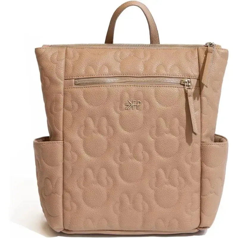 Minnie Mouse mini backpack in a light tan color, featuring embossed Mickey Mouse silhouettes and a front zip pocket.