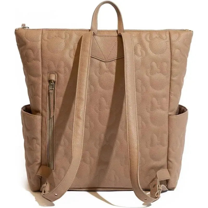 Beige Minnie Mouse minimal backpack with textured design, featuring two side pockets and adjustable straps.