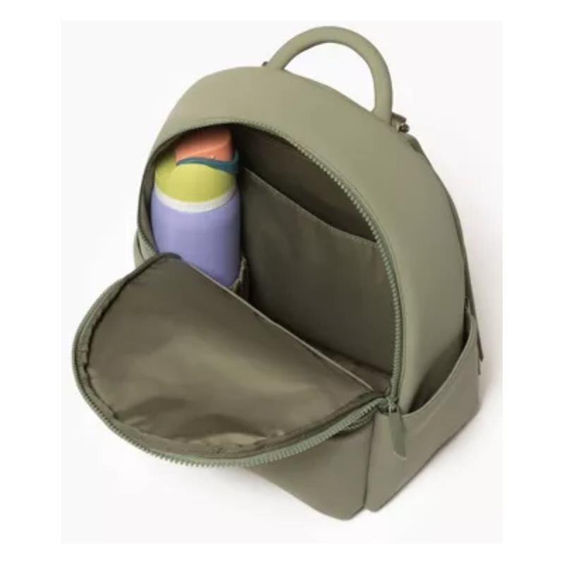 Sage green neoprene city backpack featuring an open main compartment and a visible water bottle in pastel colors.