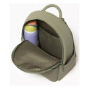 Sage green neoprene city backpack featuring an open main compartment and a visible water bottle in pastel colors.