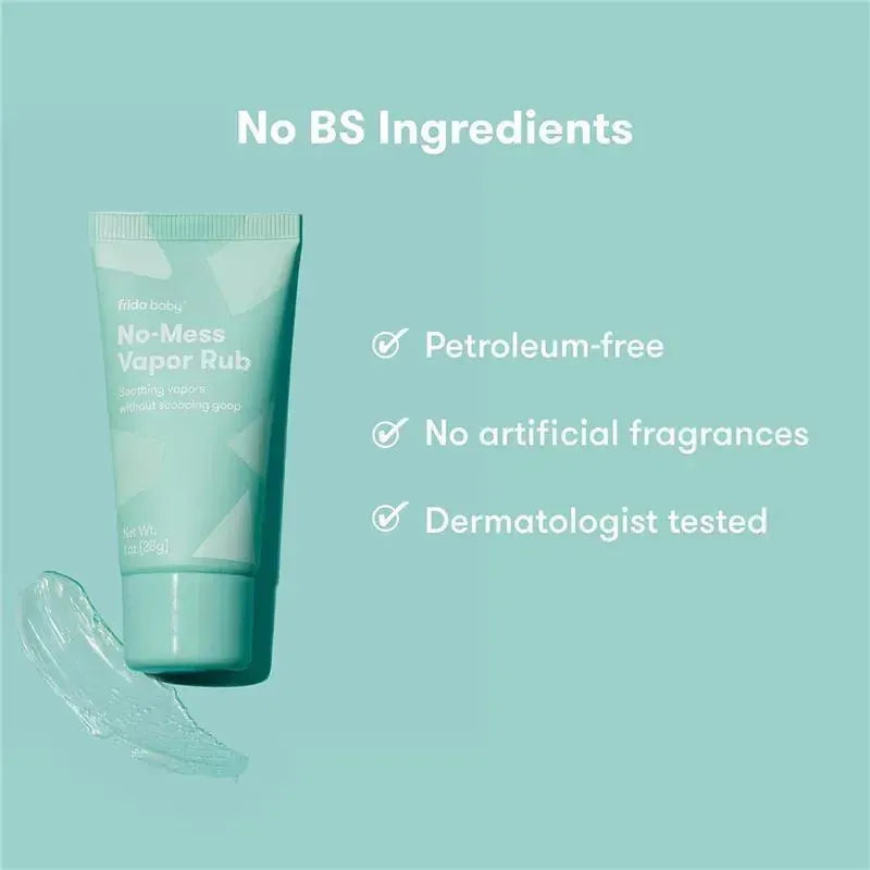 Frida Baby No-Mess Vapor Rub tube with text highlighting petroleum-free, no artificial fragrances, and dermatologist tested.