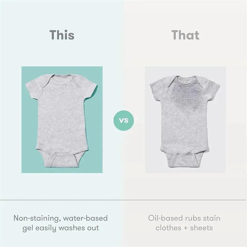 Side-by-side comparison of two gray baby onesies: the left shows a clean one, the right shows a stained one, highlighting washing differences.