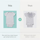 Side-by-side comparison of two gray baby onesies: the left shows a clean one, the right shows a stained one, highlighting washing differences.