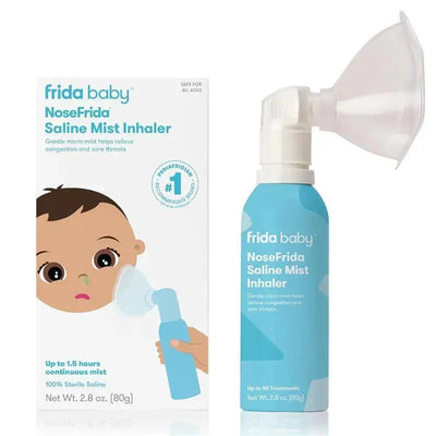 Frida Baby NoseFrida Saline Mist Inhaler, designed to soothe stuffy noses and sore throats, with 100% sterile saline.