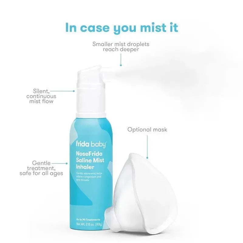 Frida Baby NoseFrida Saline Mist Inhaler, 2.8 oz, with optional mask, provides gentle treatment for congestion and sore throats.