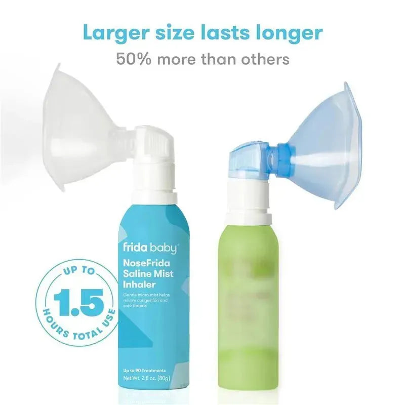 Frida Baby NoseFrida Saline Mist Nasal Inhaler, blue bottle with nozzle, provides relief for stuffy noses and sore throats.
