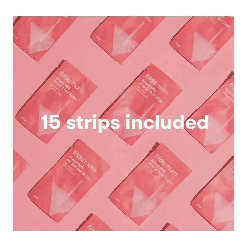 Frida Mom breast milk alcohol test strips, 15 count, with pink packaging featuring a funnel graphic.