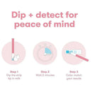 Alcohol detection test strip instructions, illustrating three steps: dip, wait, and color match results.