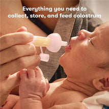 Colostrum collection kit in use, showing a caregiver feeding a baby with a pink syringe-like device.