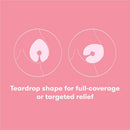 Teardrop-shaped breast therapy packs designed for full-coverage or targeted relief, on a pink background.