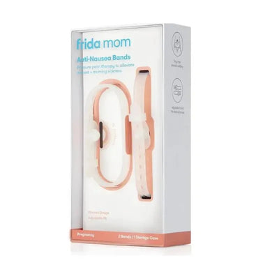 Frida Mom Anti-Nausea Bands in packaging, designed for pressure point therapy to relieve morning sickness. Includes two bands and a storage case.