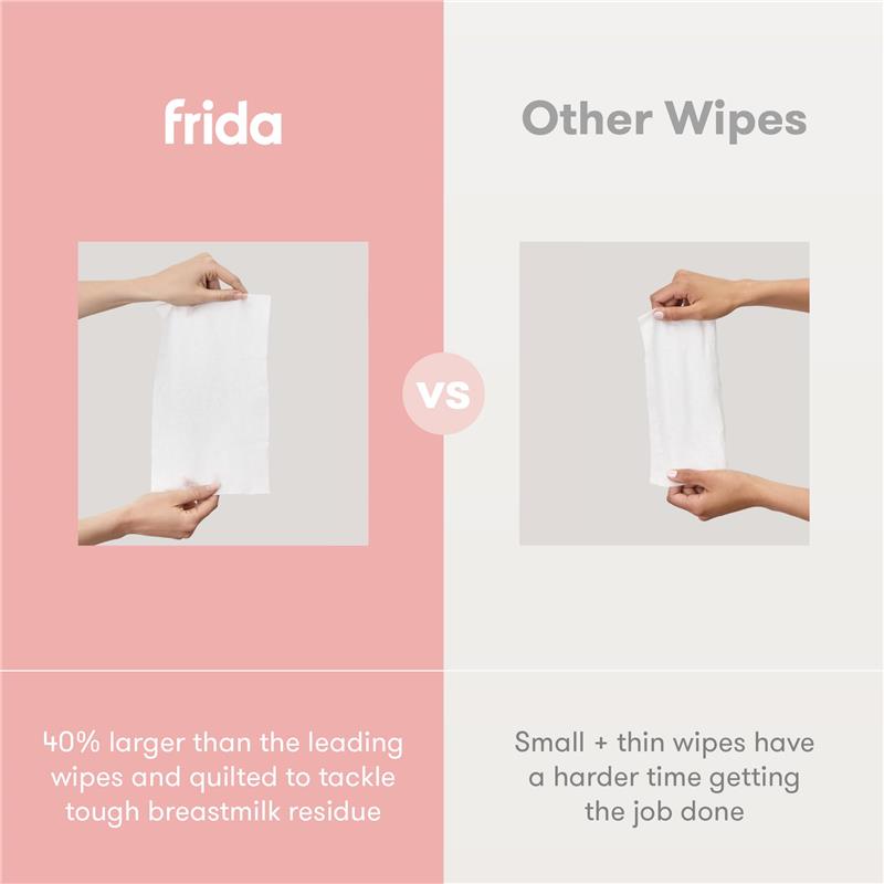 Frida Mom breast pump wipes shown larger on the left, comparing with smaller generic wipes on the right, highlighting effectiveness.