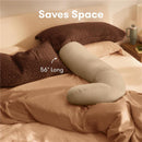4-in-1 cooling pregnancy pillow in a beige color, measuring 56 inches long, on a bed with brown and beige bedding.