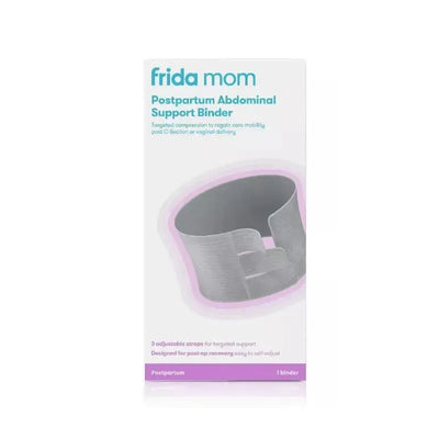 Frida Mom Postpartum Abdominal Support Binder in packaging, featuring adjustable straps for post-operative recovery support.