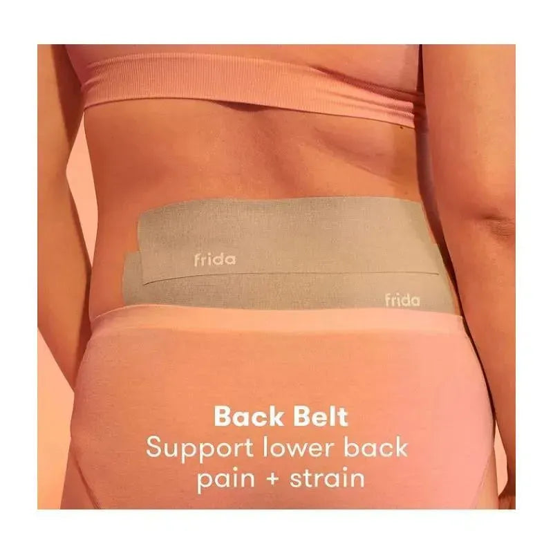 Frida Mom back belt worn on lower back, designed for pain and strain relief, with text highlighting its purpose.