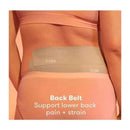 Frida Mom back belt worn on lower back, designed for pain and strain relief, with text highlighting its purpose.