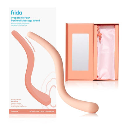 Frida Mom Prepare-to-Push Perineal Massage Wand displayed with packaging; designed to massage and stretch perineum.