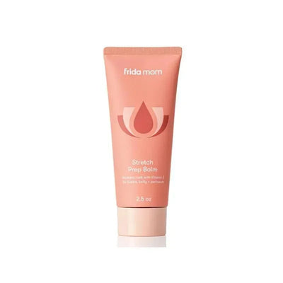 Frida Mom Stretch Prep Balm in a pink tube with a drop logo, meant for skincare and stretch mark prevention, 2.5 oz.