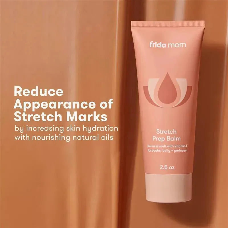Frida Mom Stretch Prep Balm, 2.5 oz tube with text highlighting benefits for reducing stretch marks and increasing skin hydration.