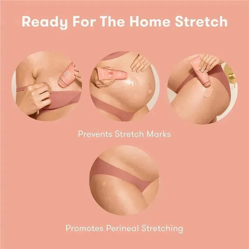 Frida Mom Stretch Prep Balm shown in use on pregnant belly, promoting perineal stretching and preventing stretch marks.