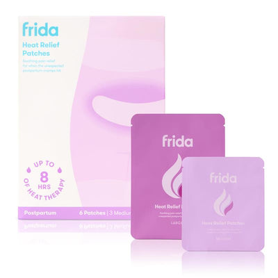 Frida Mom Uterine Recovery Heat Relief Patches package featuring six patches, labeled for postpartum use, offers soothing pain relief.