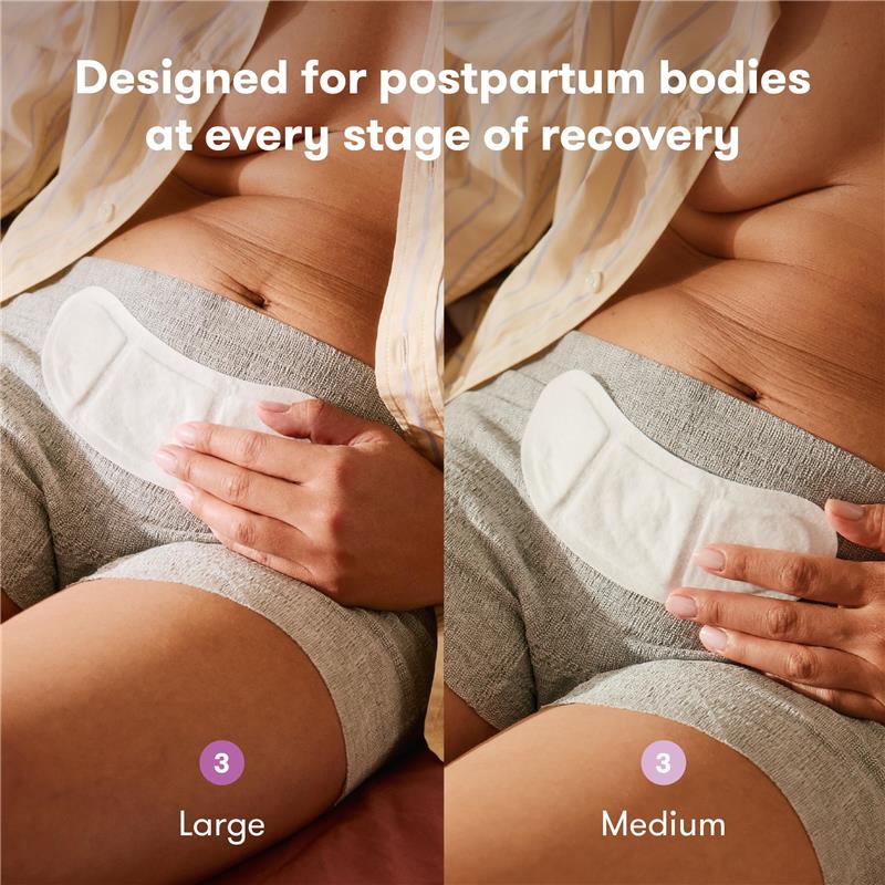 Heat relief patches for postpartum recovery shown on a person wearing gray shorts, with size options displayed.