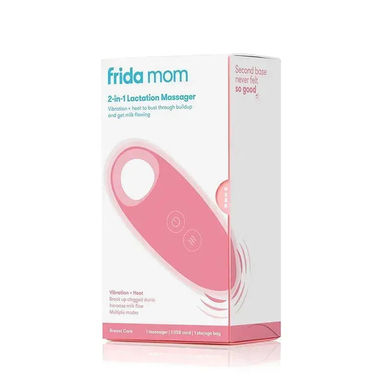 Frida Mom 2-in-1 Lactation Massager packaging featuring a pink massager with vibration and heat functions, benefits, and usage details.