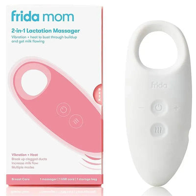 Frida Mom 2-in-1 Lactation Massager with vibration and heat features, designed to relieve clogged ducts and enhance milk flow.