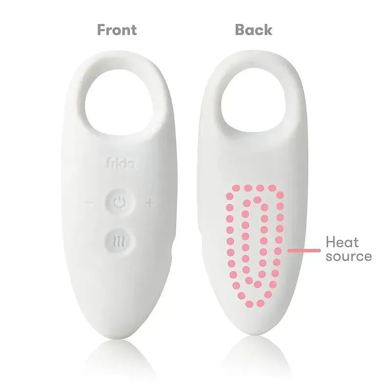 Frida Mom 2-In-1 Heat and Vibration Lactation Massager, featuring control buttons on the front and a heat source illustration on the back.
