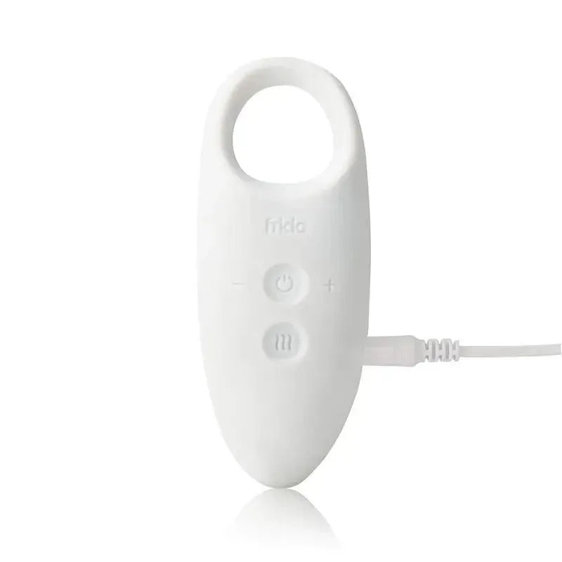 Heat and vibration lactation massager by Frida Mom, featuring buttons for power and settings, with a connecting cable.