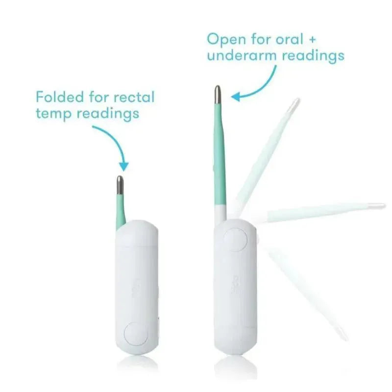 Fridababy 3-in-1 True Temp Thermometer showing folded and open positions for rectal, oral, and underarm temperature readings.